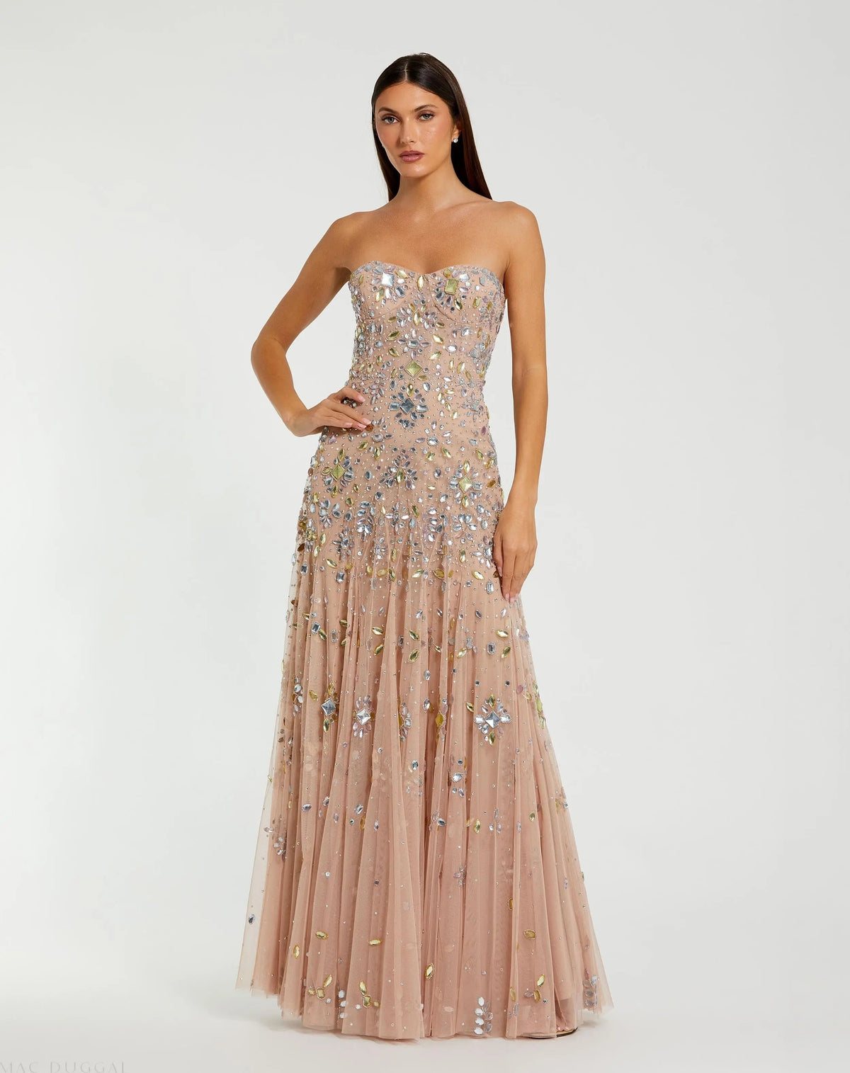 Pink Strapless Sweetheart Embellished Net Gown