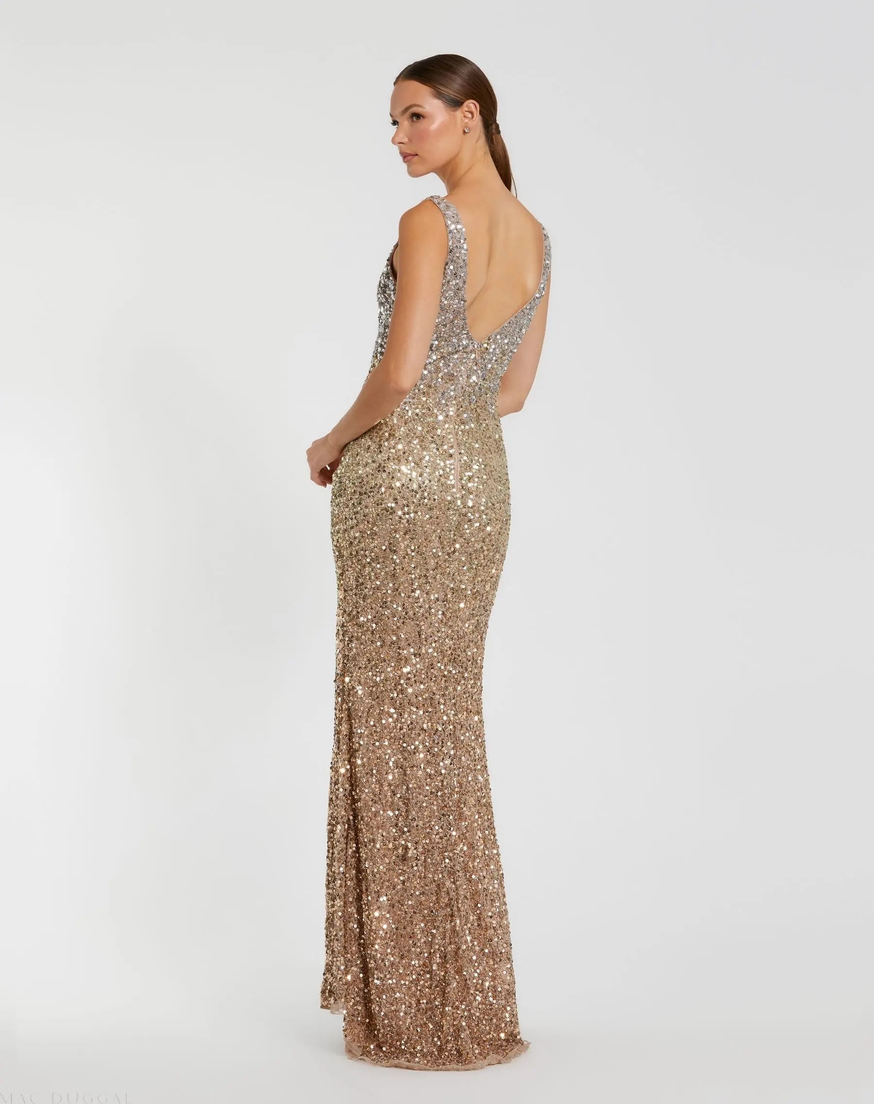 Gold Sequined Sleeveless V Neck Side Slit Gown