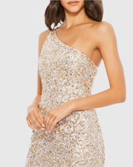 Beige Sequin One Shoulder Gown With Slit
