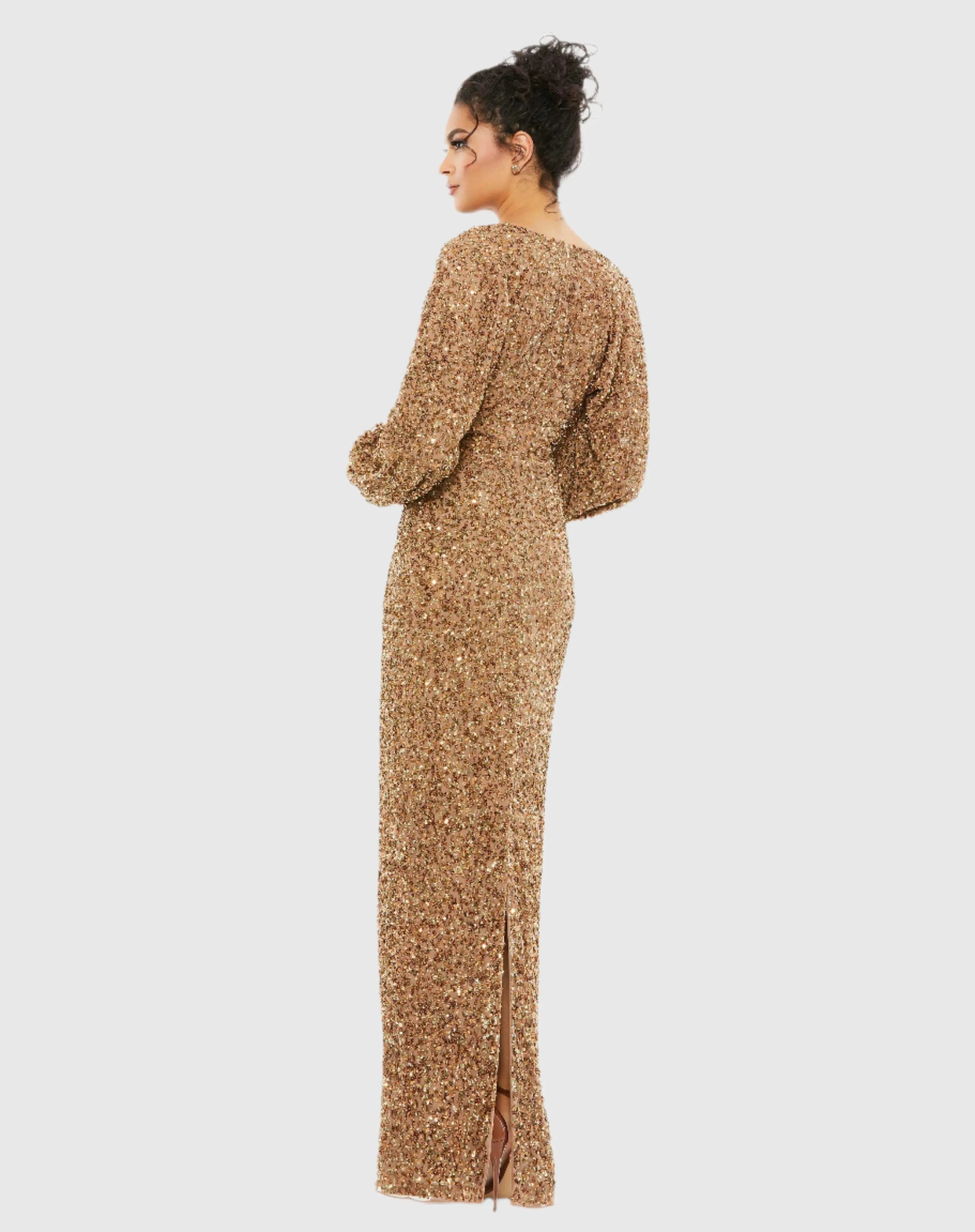 Brown Sequined Puff Sleeve V Neck Gown