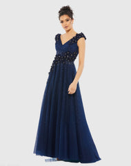 Navy Floral Applique A-Line Evening Gown