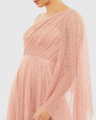 Pink Lace One Shoulder Illusion Sleeve A Line Gown