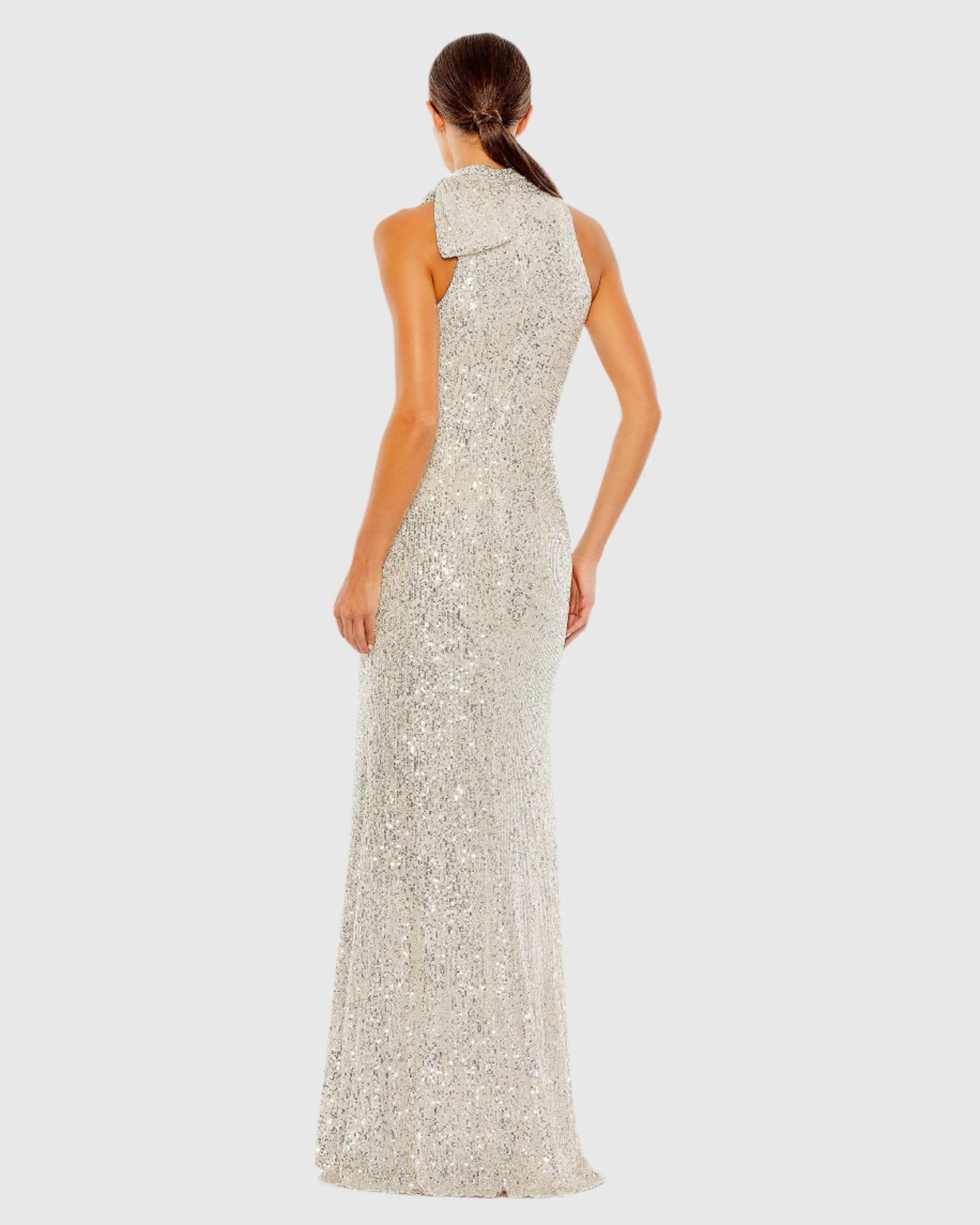 Silver Soft Tie Halter Neck Sequin Gown