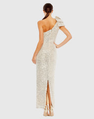 Beige Sequined Bow One Shoulder Column Gown