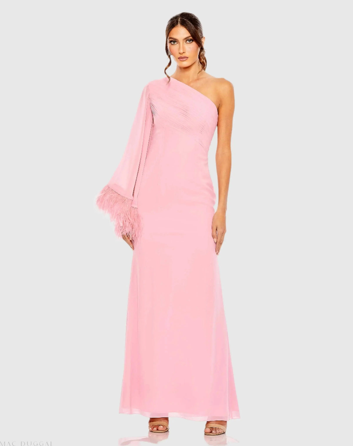 Pink Feather Cuff One Shoulder Ruched Gown