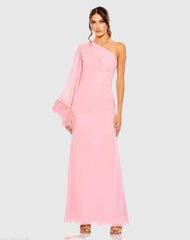 Pink Feather Cuff One Shoulder Ruched Gown