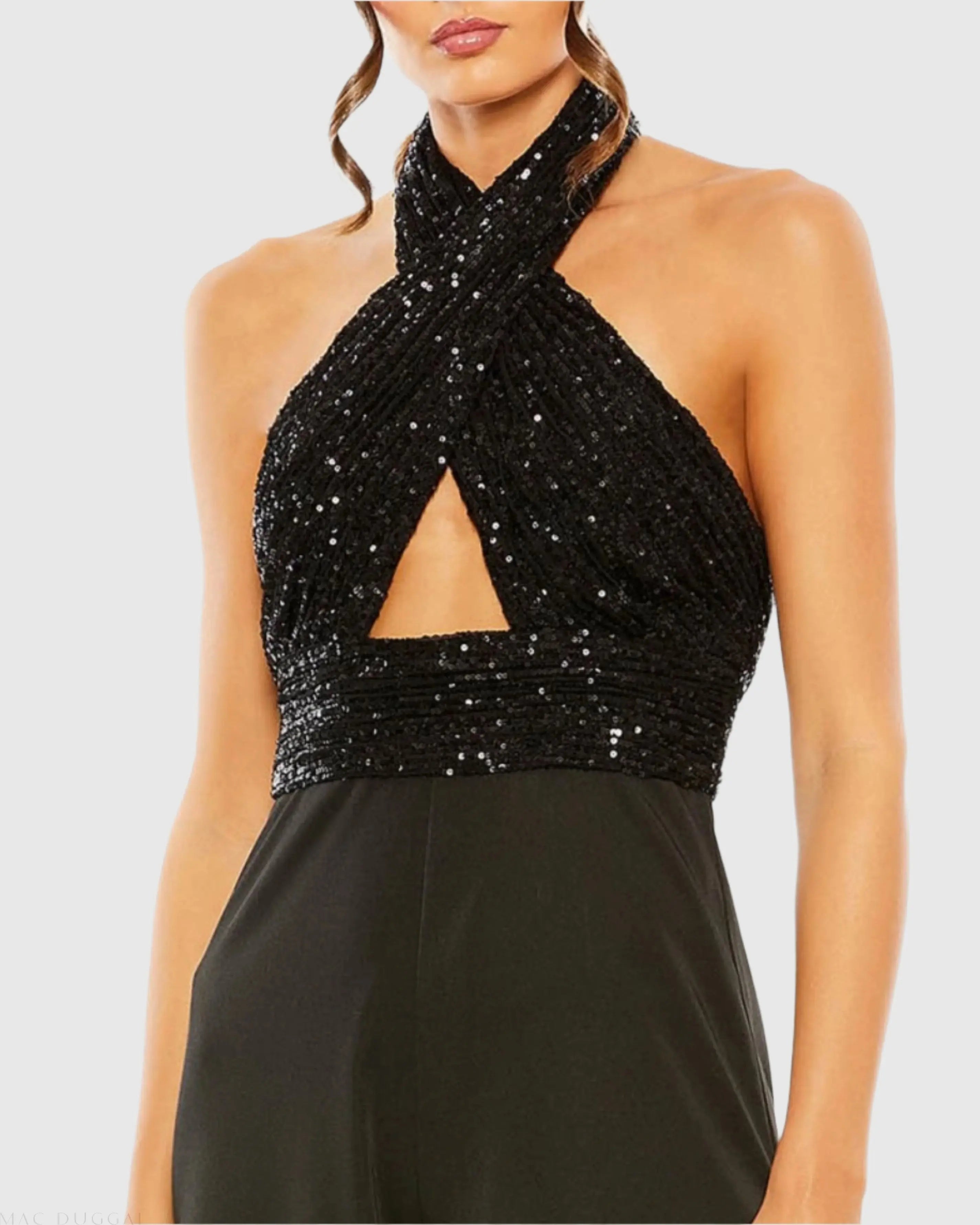 Black Sequined Cross Neck Halter Jumpsuit