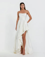 White Strapless Ruched High Low Gown