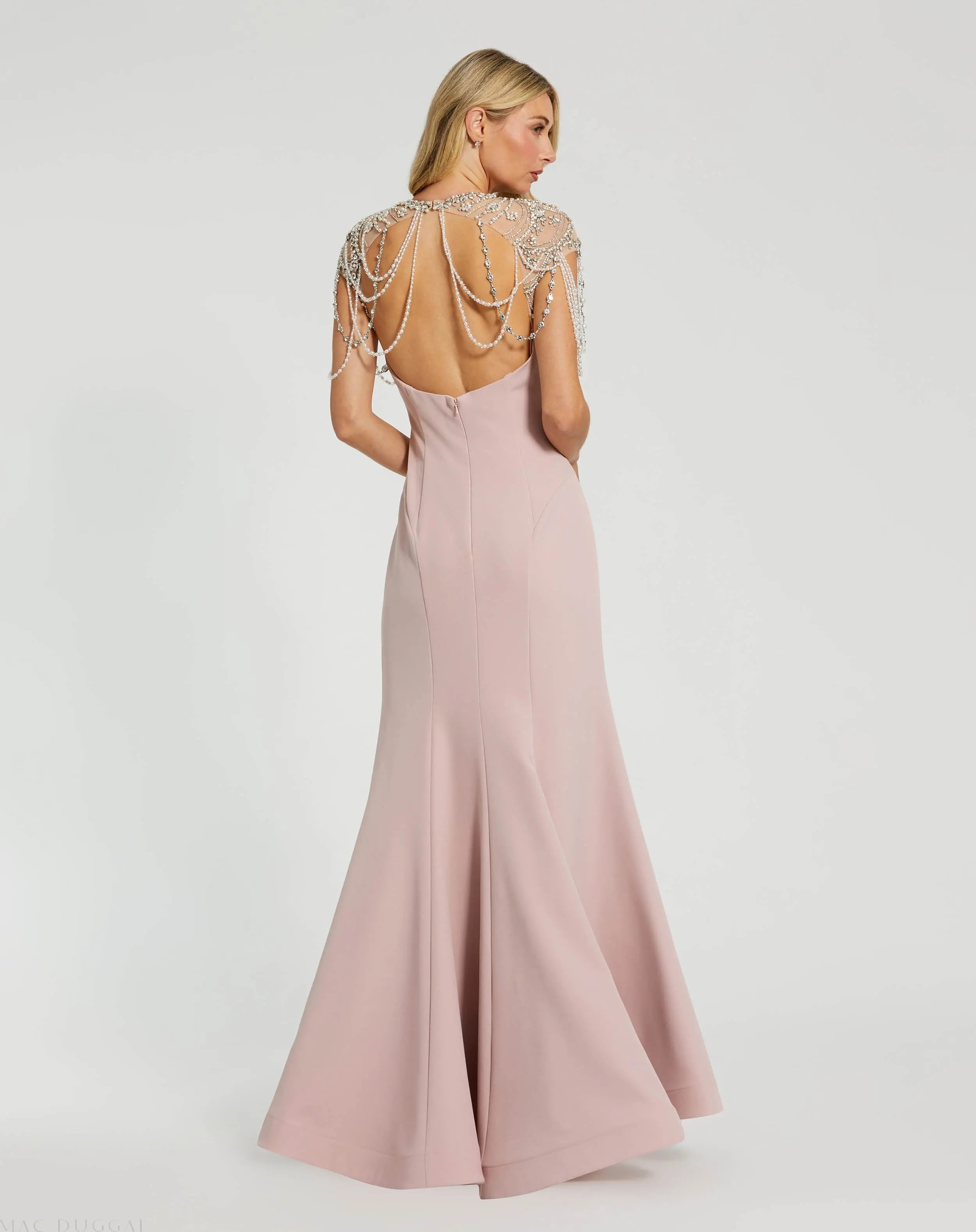 Pink Draped Pearl Beaded Mermaid Gown