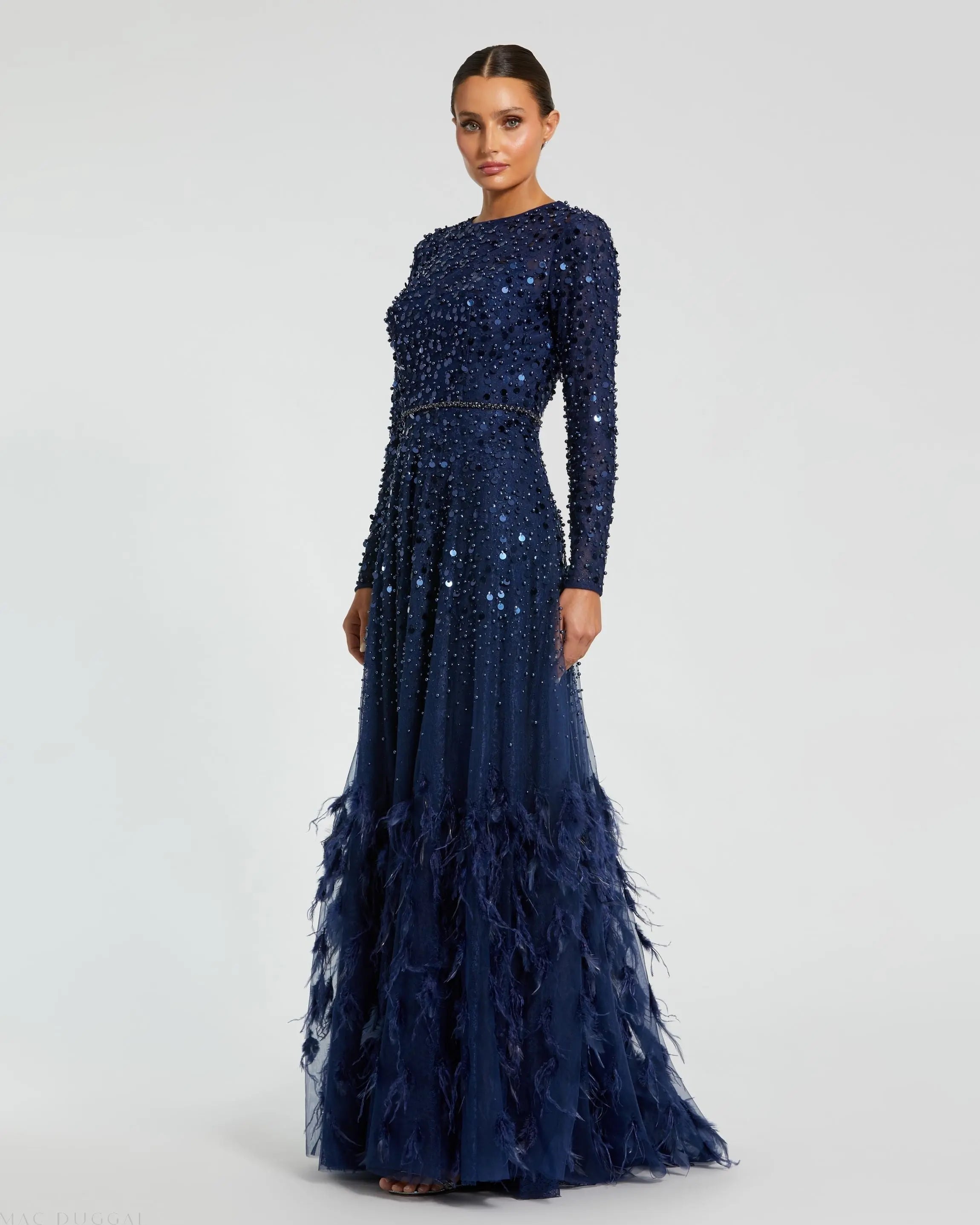 Navy Disc Embellished Sequin Gown with Feather Detail