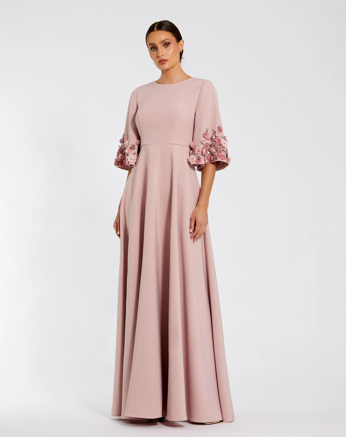 Pink Crepe 3/4 Sleeve A-line Gown With Flower Trim