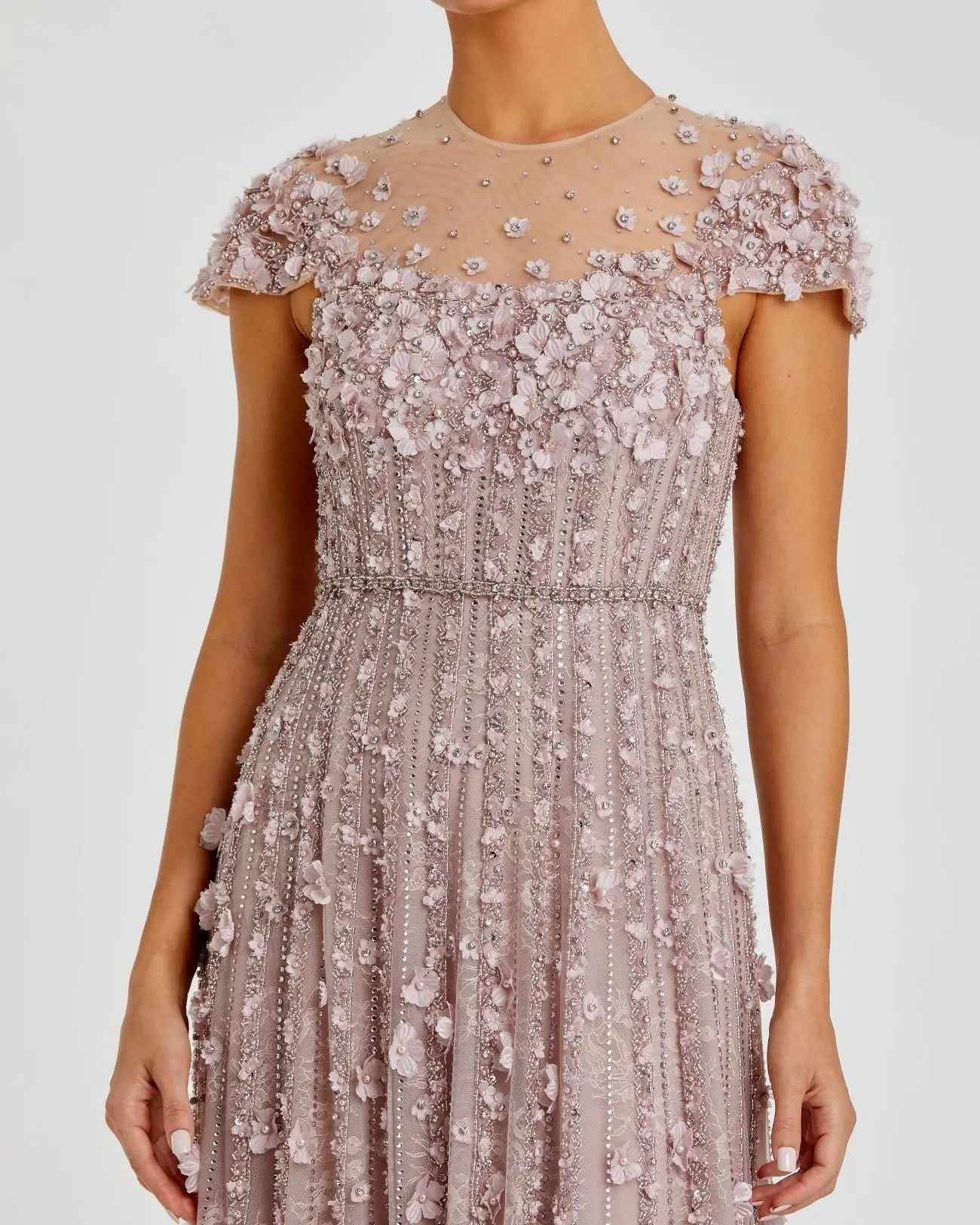 Pink Embellished Lace Illusion Neck A-Line Gown