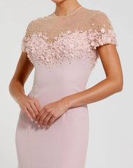 Pink Mermaid Crepe Gown With Beaded Illusion Neck
