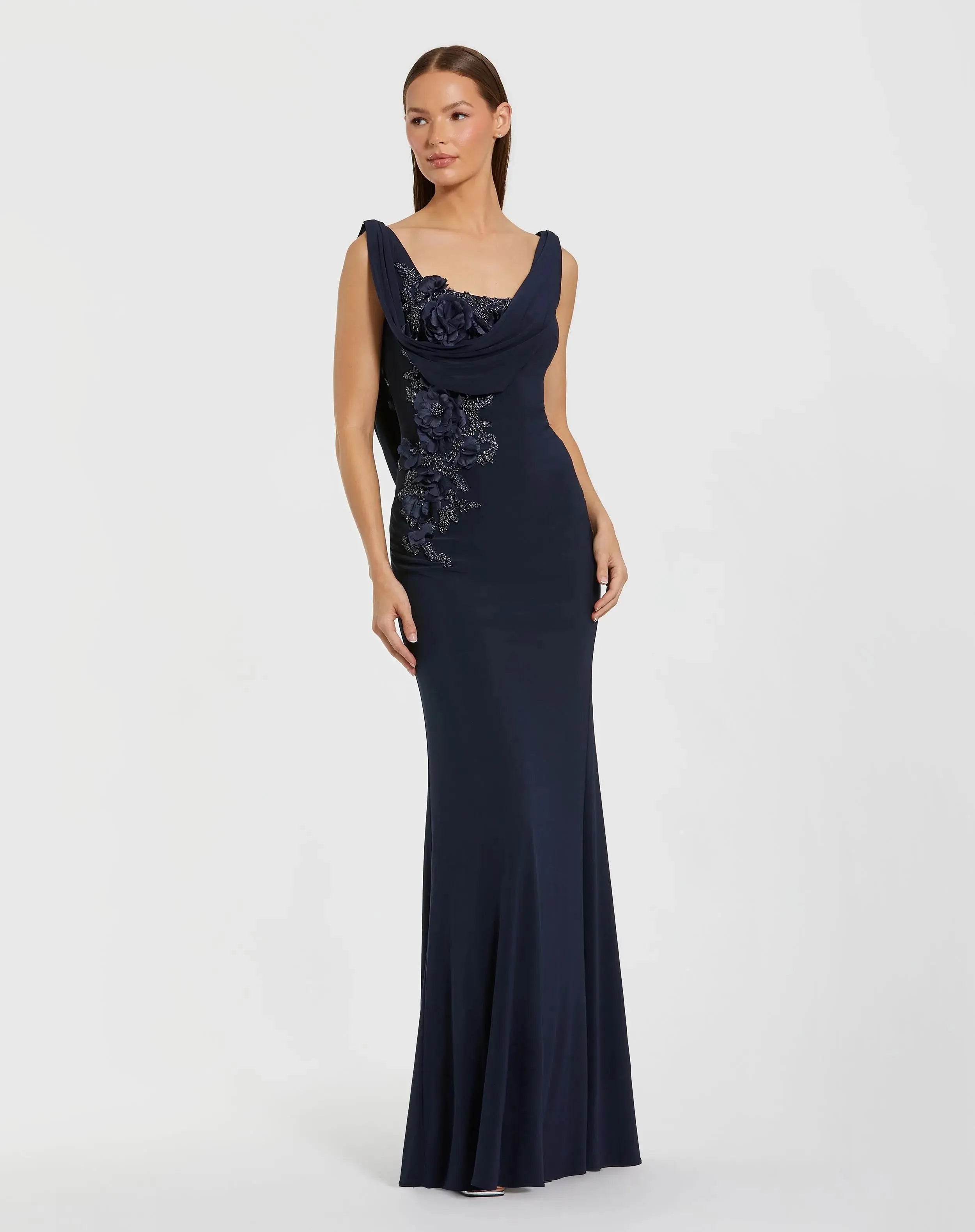 Sleeveless Jersey Cowl Neck Gown With Beading