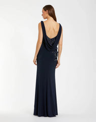 Navy Sleeveless Jersey Cowl Neck Gown With Beading