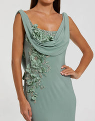 Green Sleeveless Jersey Cowl Neck Gown With Beading