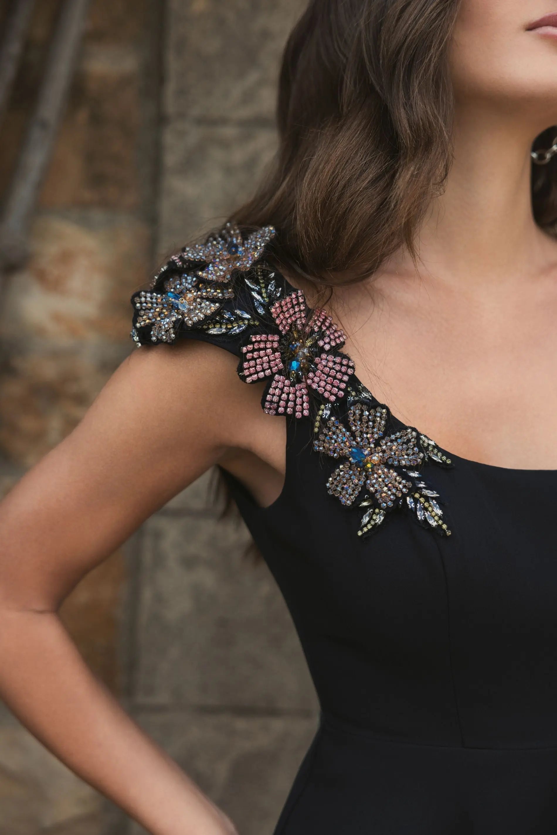 Black Crepe Sleeveless Ballgown With Rhinestone Flowers