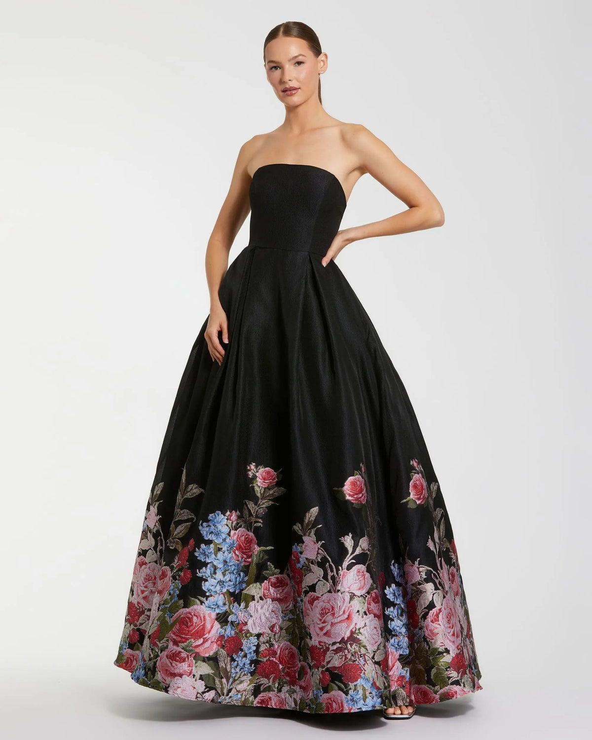 Black Strapless Floral Brocade Ballgown
