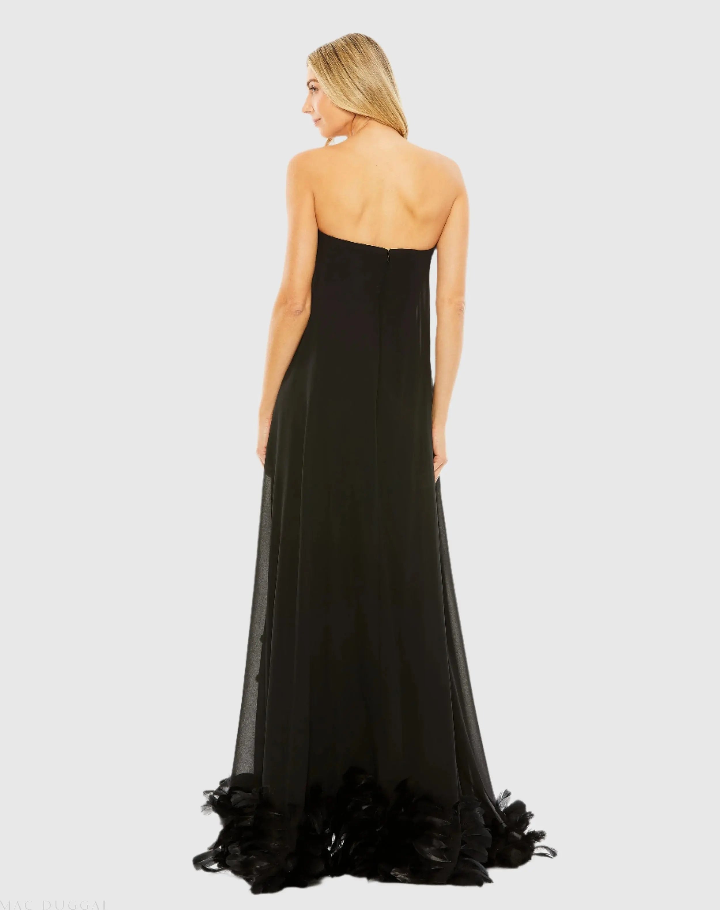 Black Strapless Flare Feather Hem Gown