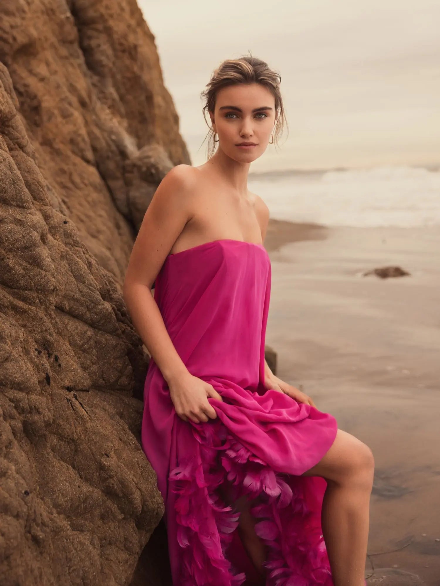 Pink Strapless Flare Feather Hem Gown