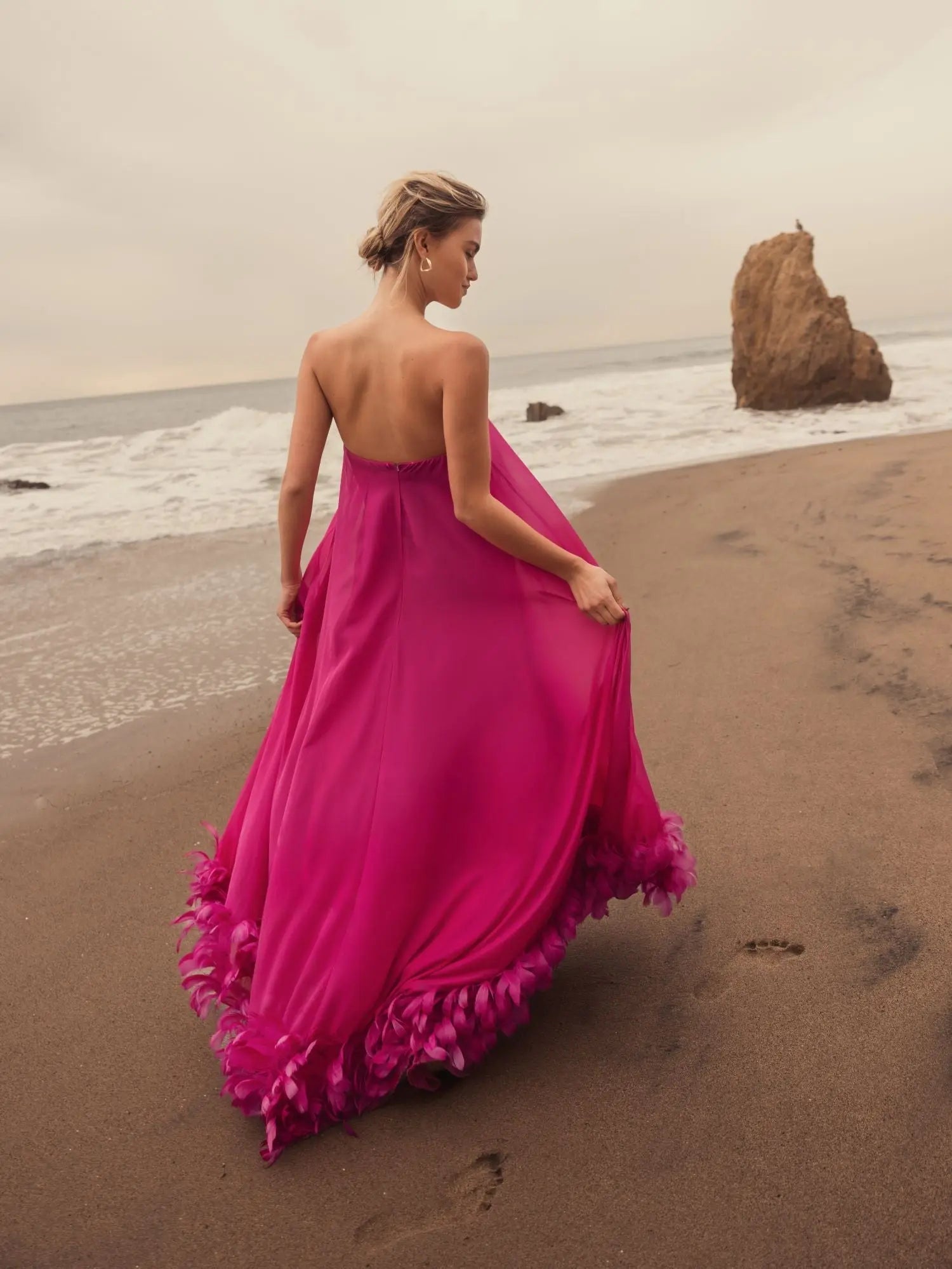 Pink Strapless Flare Feather Hem Gown