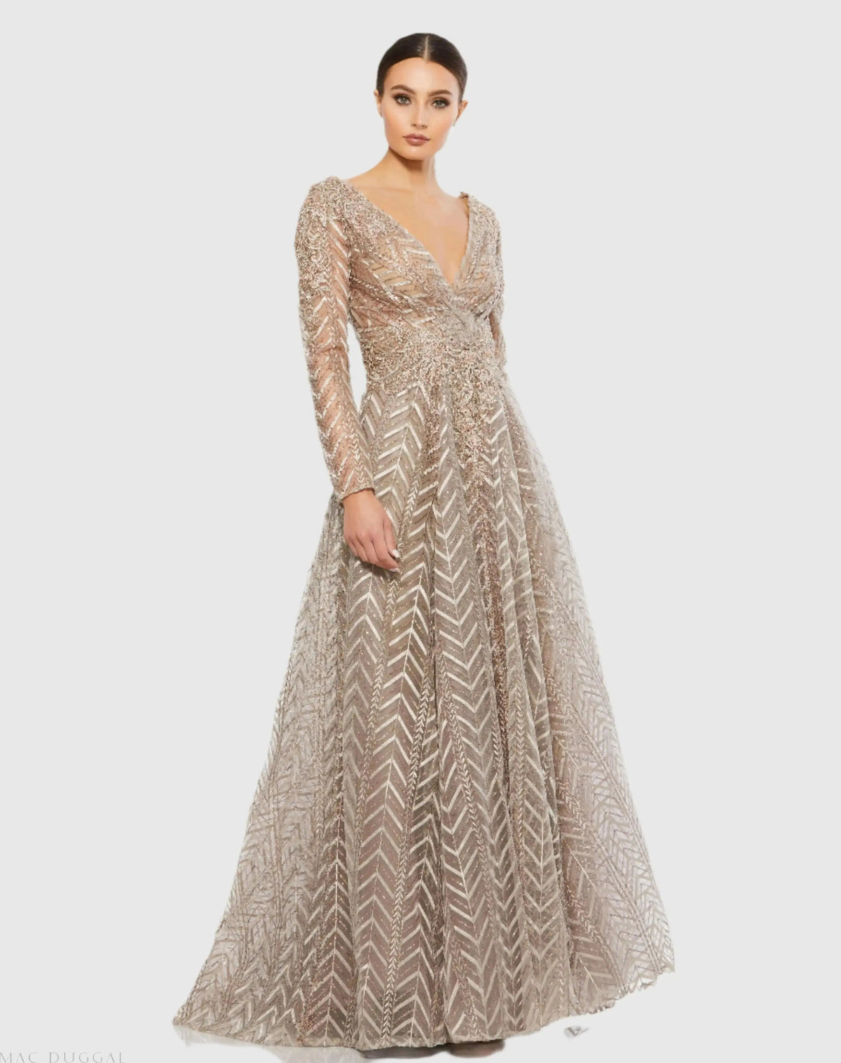 Beige Embellished Illusion Long Sleeve Wrap Over A Line Gown