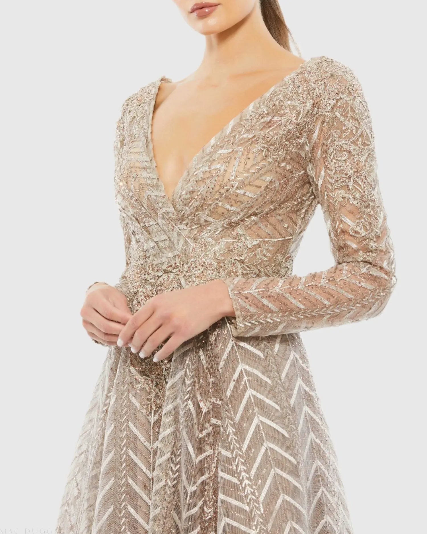 Beige Embellished Illusion Long Sleeve Wrap Over A Line Gown
