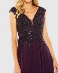 Purple Applique Cap Sleeve Bodice Flowy Gown