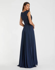 Navy Applique Cap Sleeve Bodice Flowy Gown