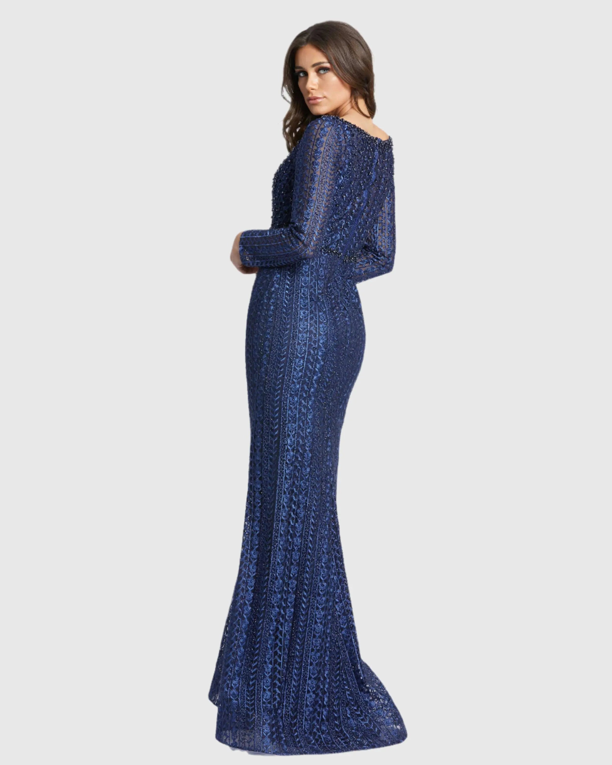 Navy Embroidered Long Sleeve V Neck Trumpet Gown
