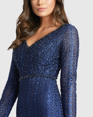 Navy Embroidered Long Sleeve V Neck Trumpet Gown