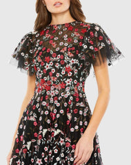 Black Embellished Butterfly Tea Length A Line Dress