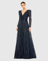Navy Embellished V Neck Long Sleeve A Line Gown