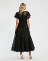 Black Embellished Flutter Sleeve Bow Waist A Line Dress