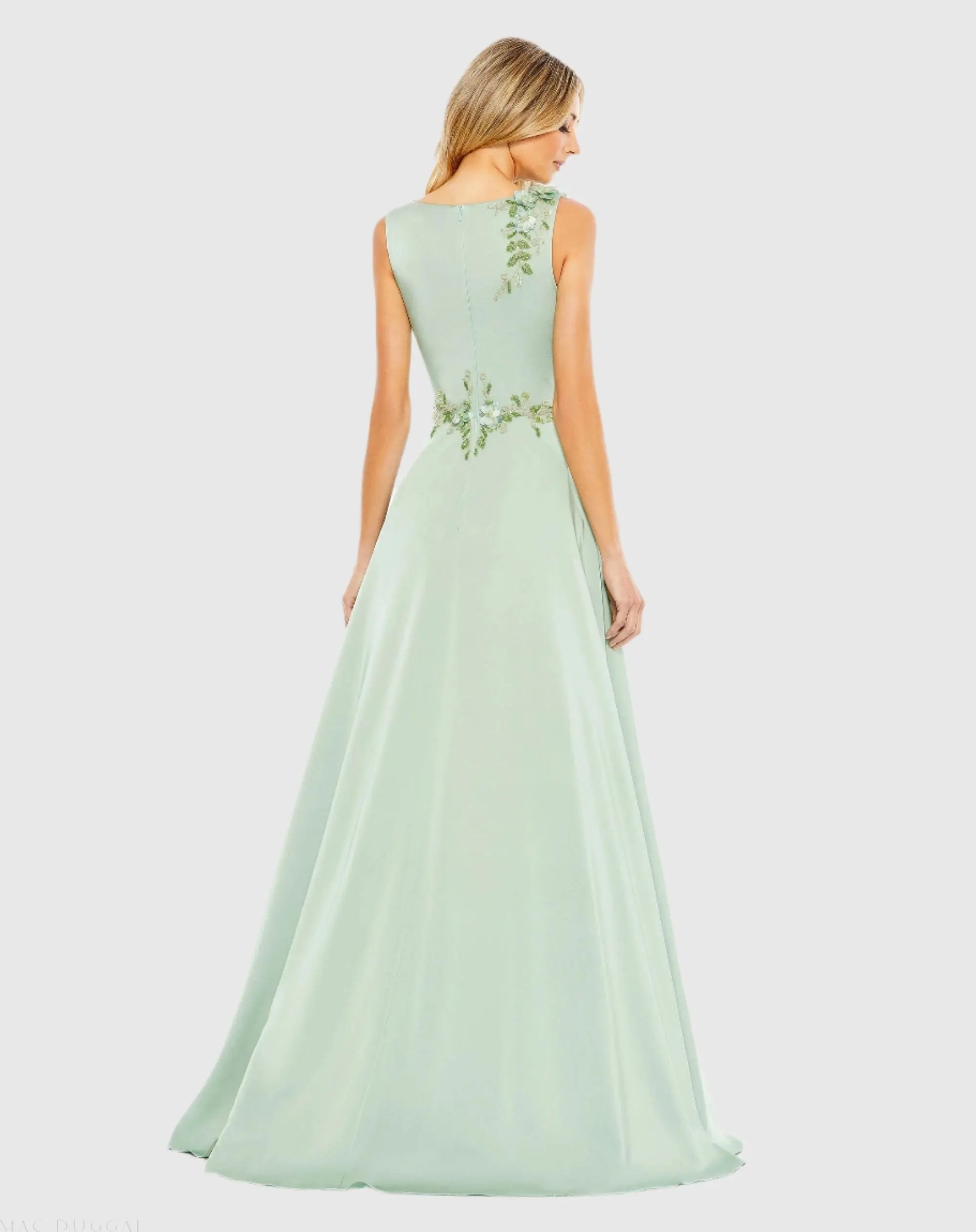 Green Floral Applique Sleeveless A Line Gown