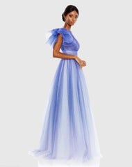Blue Glitter Ombre Ruffled One Shoulder Ball Gown - FINAL SALE