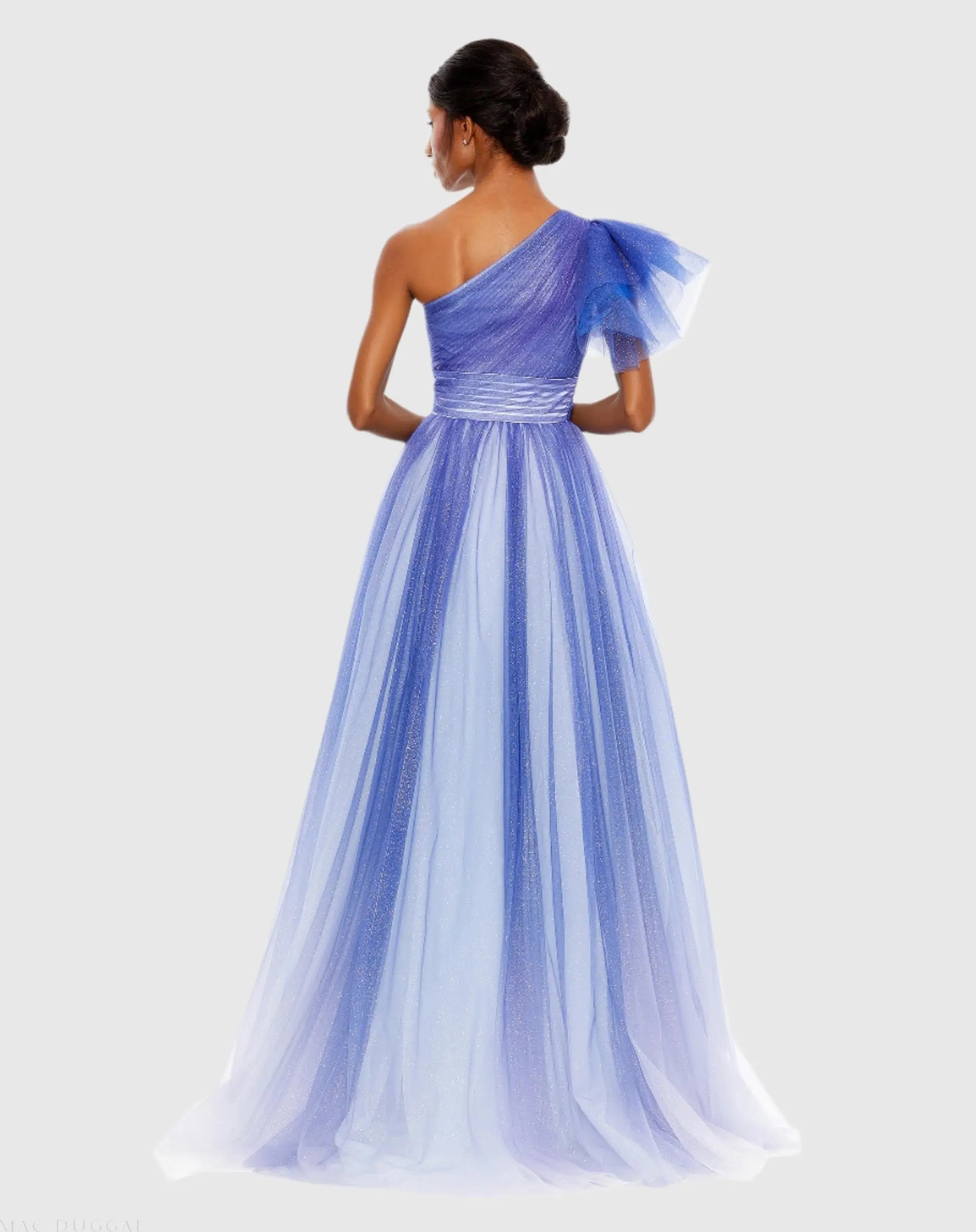 Blue Glitter Ombre Ruffled One Shoulder Ball Gown - FINAL SALE