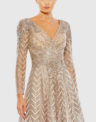 Beige Embellished Long Sleeve Wrap Over Dress