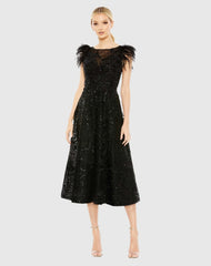 Black Feather Shoulder Embellished Dress
