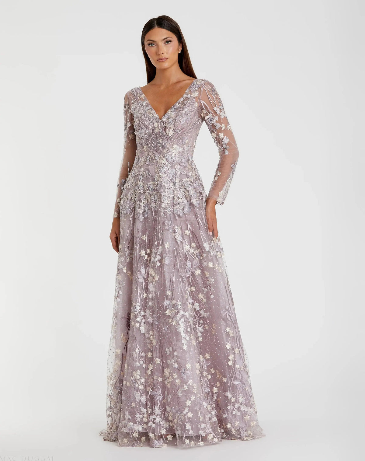 Purple Embroidered Lace Long Sleeve Floral Gown