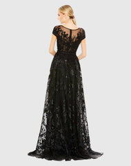 Black Embellished Floral Cap Sleeve A Line Gown