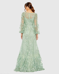 Green Puff Sleeve A-Line Embroidered Gown
