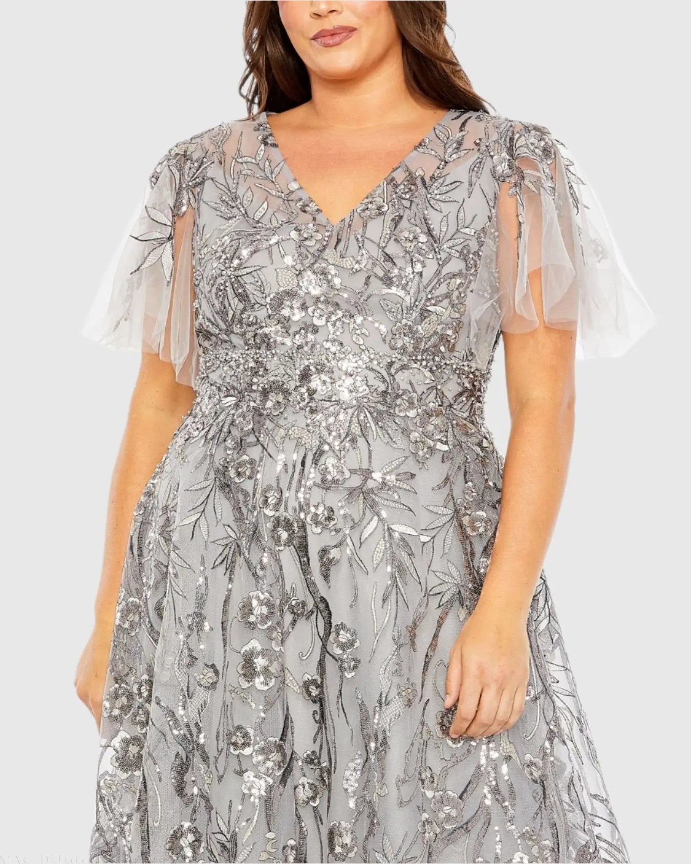 Silver High Neck Flutter Sleeve Embellished A-Line Gown (Plus)