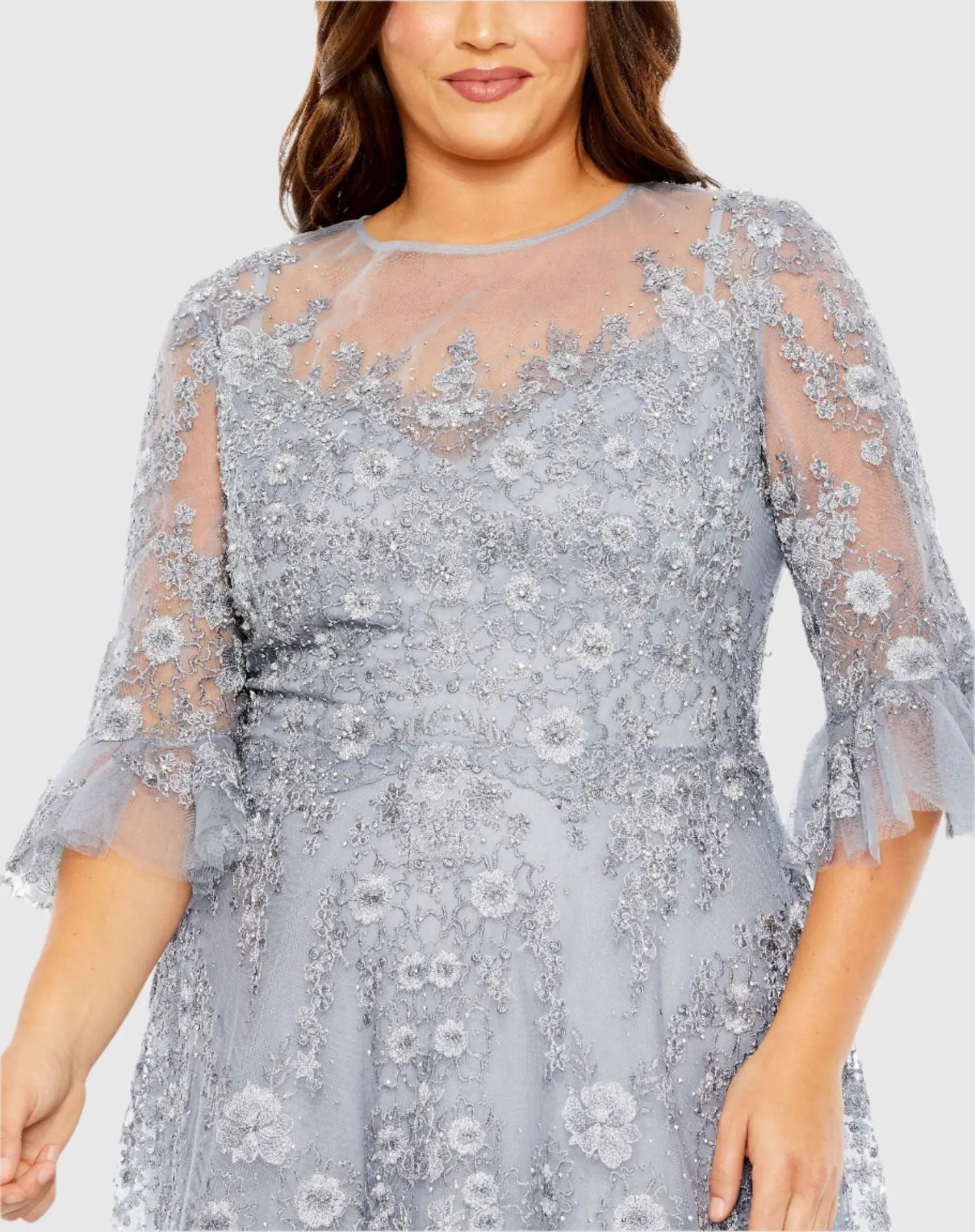 Blue High Neck Flutter Sleeve Embroidered A Line Gown (Plus)