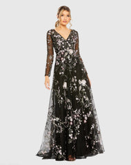 Black V-Neck Long Sleeve Embroidered A-Line Floral Gown