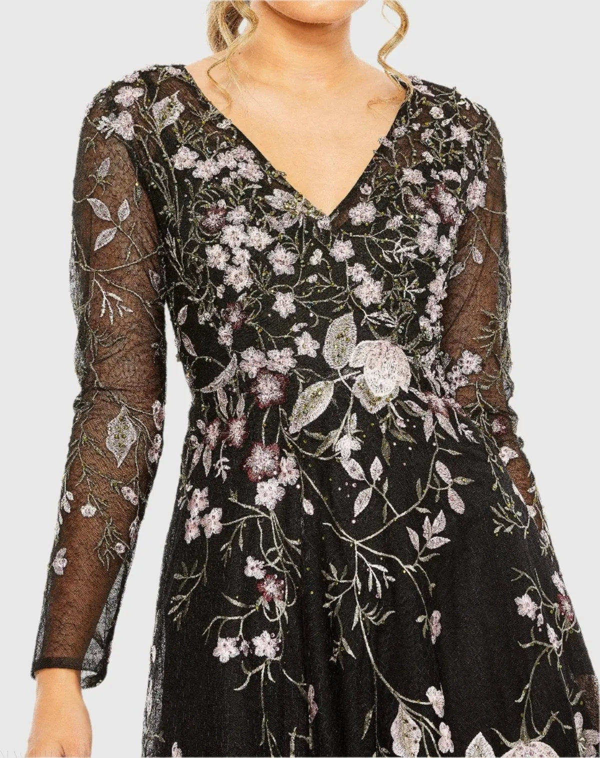 Black V-Neck Long Sleeve Embroidered A-Line Floral Gown