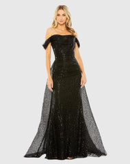 Off the Shoulder Sequin Panel Train Gown