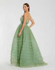 Green Strapless Ruffle Gown with Feathers