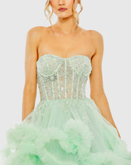 Green Strapless Corset Detail Tulle Layered Gown