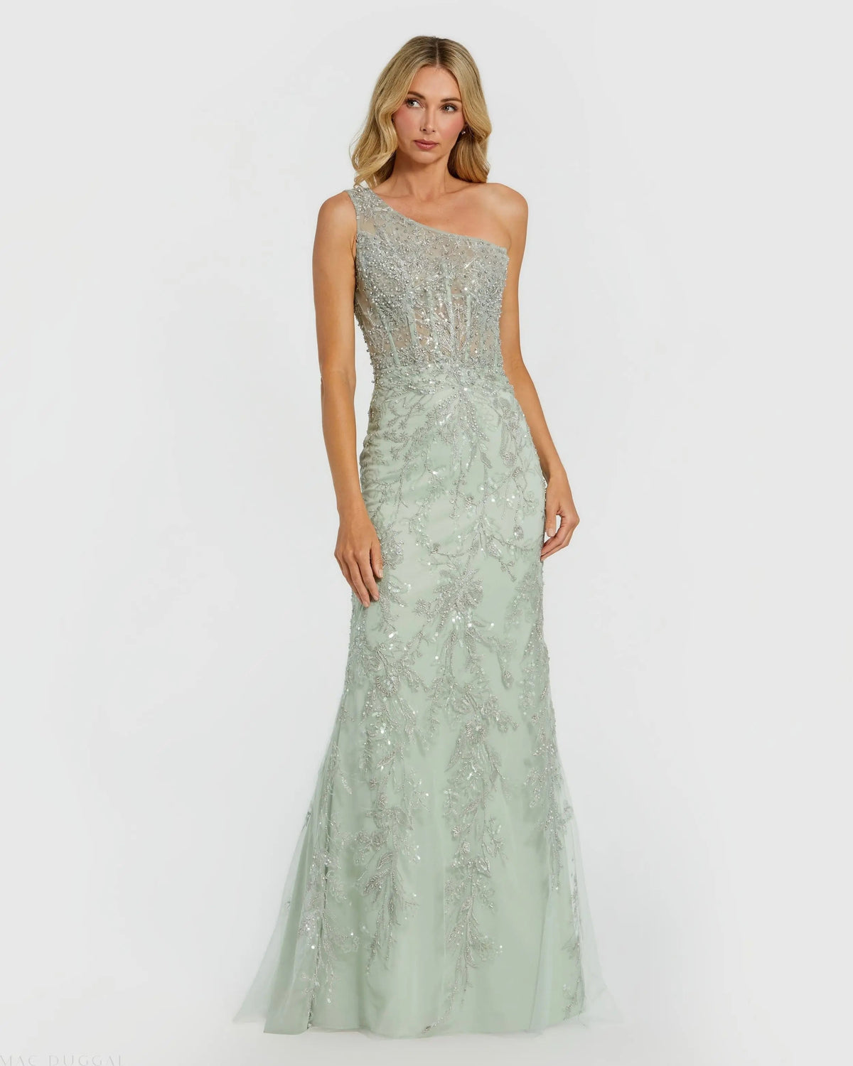 Green One Shoulder Embellished Gown